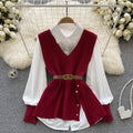 Autumn new arrival: chic & mature style - loose fit lapel patchwork white shirt + v-neck asymmetrical knit vest two-piece set
