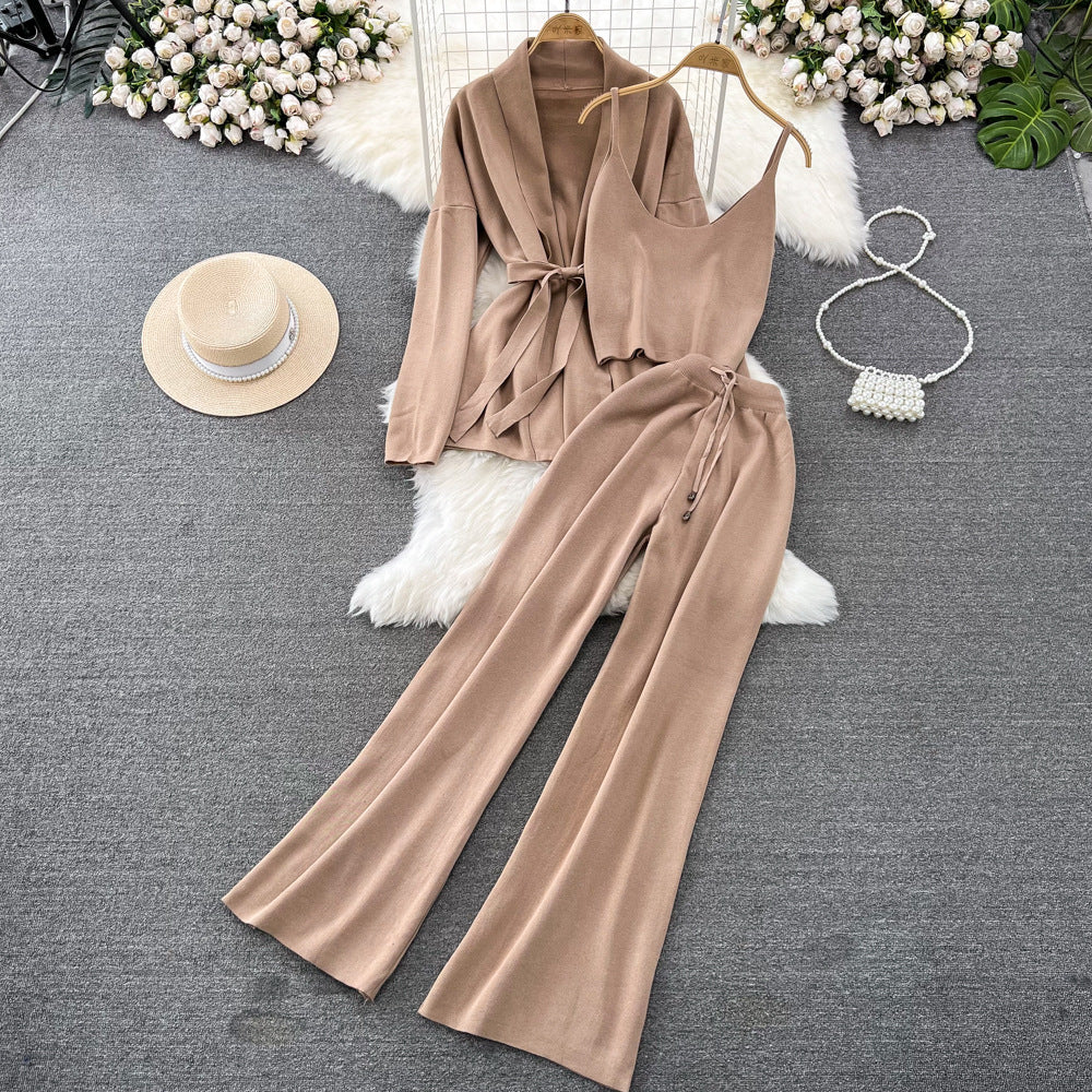 Fashionsuit female k-stylelong sleevesv neck waist knittingoutwear camisole three-piece set high waistloose pants