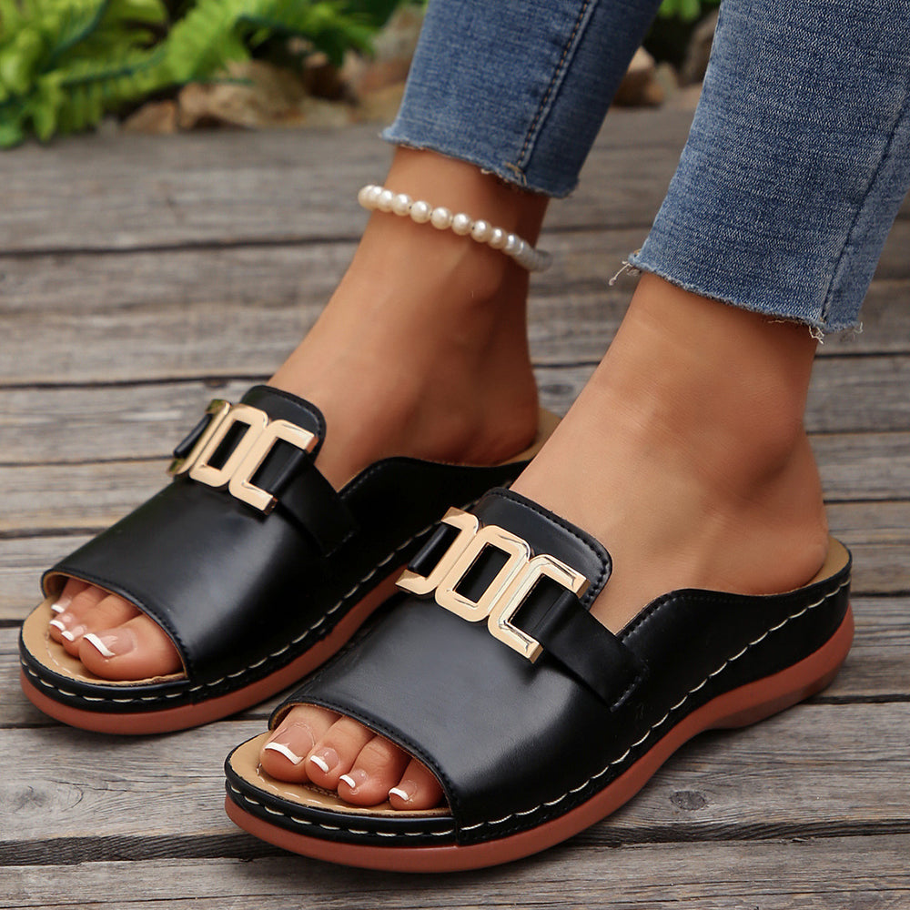 Southeast asia export buckle wedge open toe flip flops women's cross-border large size metal buckle fish mouth beach sandals