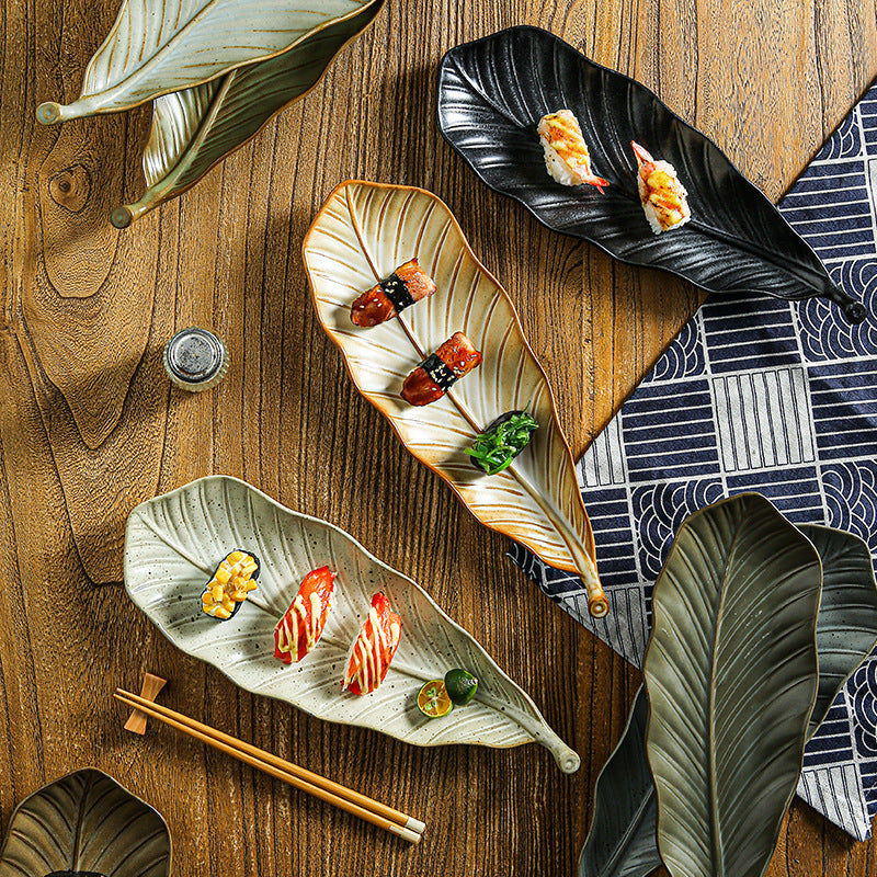 Vintage leaf ceramic creative long plate - sushi plate, western food & pastry plate, fruit & breakfast plate, exquisite dessert plate