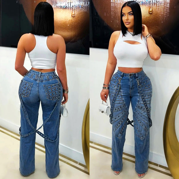 S391411 Cross-border women's clothing wholesale fashion high-waisted jeans, casual trousers with metal rivets, women's tide