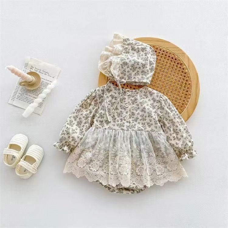 Autum style foreign style dress princess jumpsuit baby clothes baby autum floral bag butt bag butt clothes lace