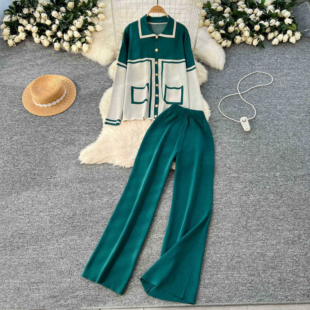 High-end suit for women, lazy style, fashion contrast color, metal buttons, lapel, long sleeves, knitting shirt, high waist, wide leg pants