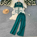 High-end suit for women, lazy style, fashion contrast color, metal buttons, lapel, long sleeves, knitting shirt, high waist, wide leg pants