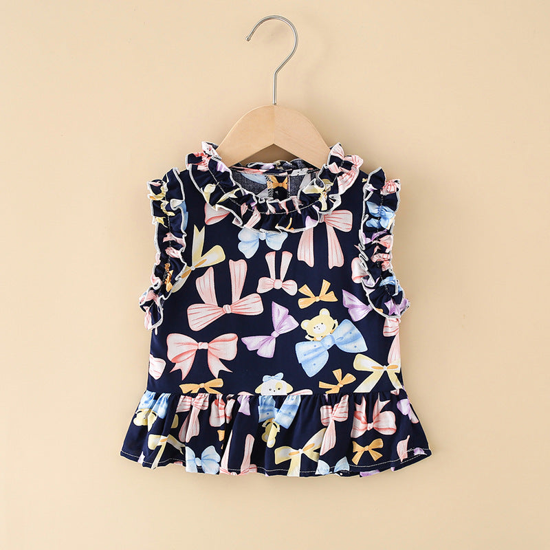 Girls' cotton rayon top - cartoon print, loose-fit, breathable, cute summer lightweight pajama set with lace trim
