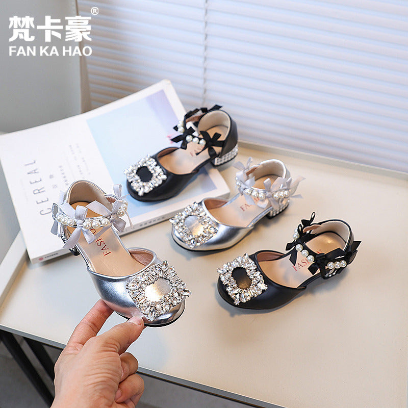 Vancahao girls' high-heeled princess sandals,  summer new collection, rhinestone embellished leather shoes for kids, student dance shoes