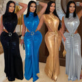 C7476 cross-border   fashion women's sexy elegant high neck sleeveless slit dress
