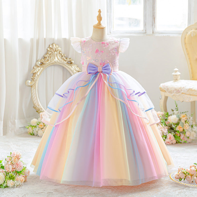 Export style girl dress colorful mesh gradient fashion tutu skirt kids princess skirt longin stock small flying sleeves