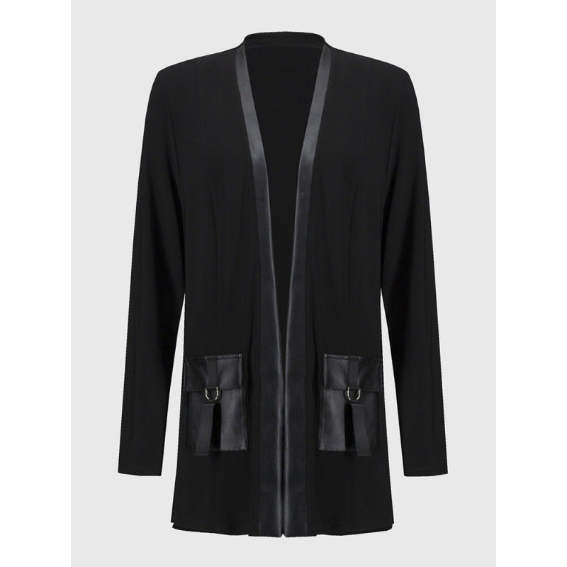 fall/winter new european and american style solid color pocket long sleeve casual leather patchwork jacket for women