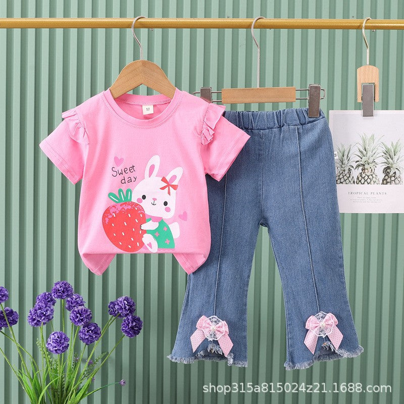 New girls' summer outfit: cartoon cute pattern short-sleeve top + bowknot denim shorts two-piece set - wholesale