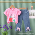 New girls' summer outfit: cartoon cute pattern short-sleeve top + bowknot denim shorts two-piece set - wholesale