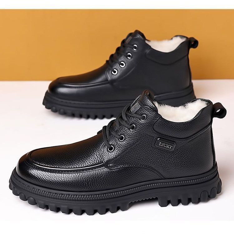 【100% genuine leather & wool】men's winter high-top leather shoes - fleece-lined, extra thick, warm, chunky sole, mid-aged dad's cotton shoes