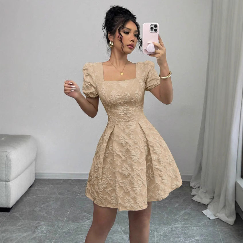 European and american cross-border  summer slim-fit women's elegant jacquard solid color puff sleeve square neck a-line dress