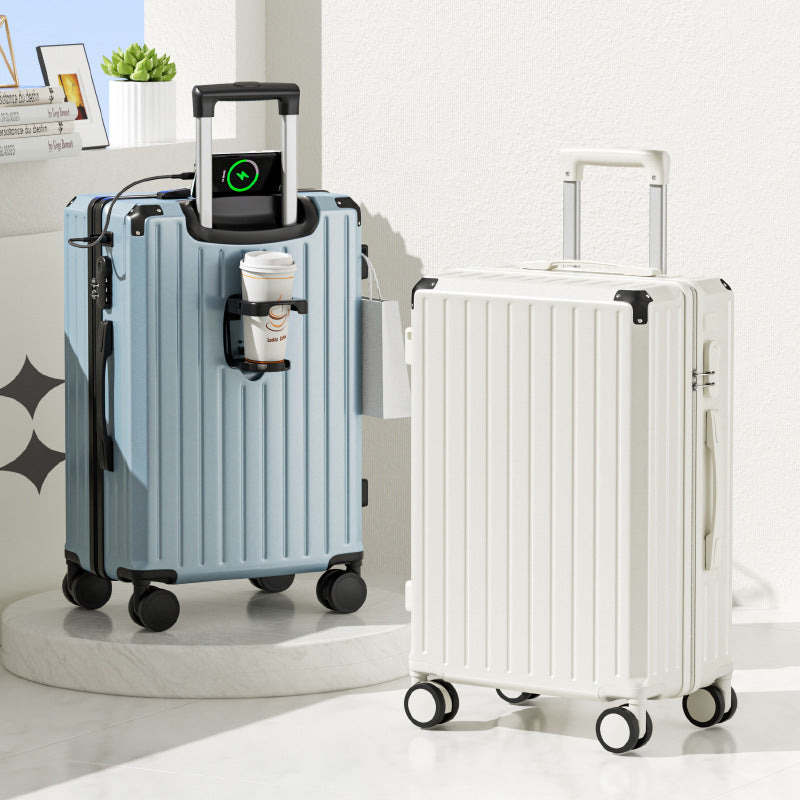 Luggage 24-inch multi-functional suitcase with cup holder, strong and durable trolley case 20-inch password box, large capacity
