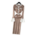 Xiaoxiangfengclassy contrast color bell sleeves knittingdress women's autumn wear new arrival tight hip covering sweater skirt