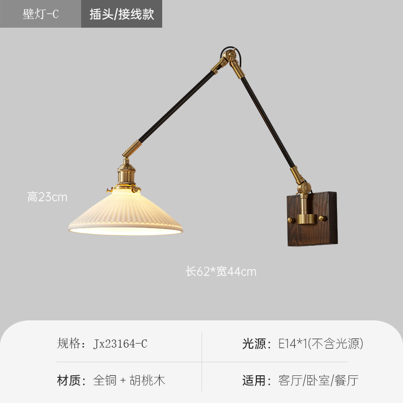 Japanese wabi-sabi style universal telescopic swing arm wall lamp - ceramic lampshade, vintage all-copper wall sconce
