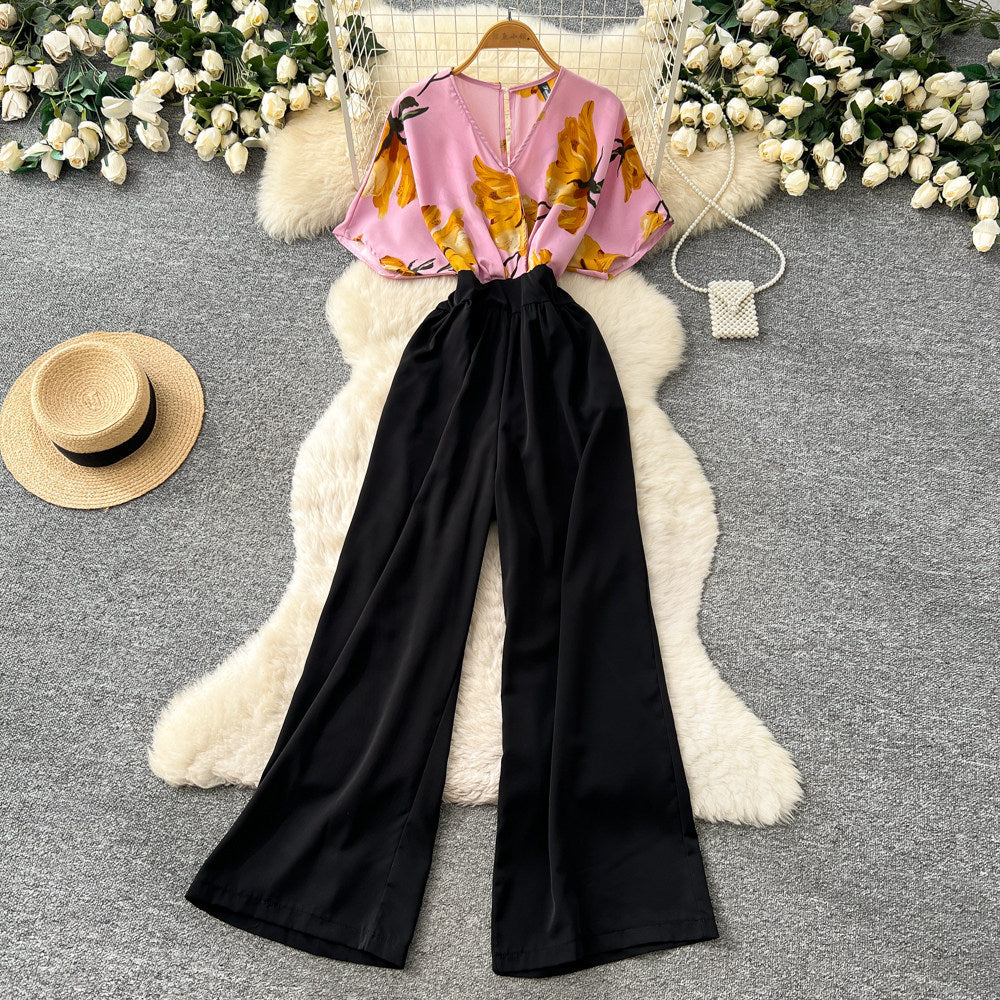 Korean style commute v-neck printed jumpsuit - women's summer high-waisted wide-leg slimming and flattering trousers