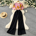 Korean style commute v-neck printed jumpsuit - women's summer high-waisted wide-leg slimming and flattering trousers