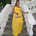 European and american cross-border women's fashion  summer new arrival: elegant yellow asymmetrical long bowknot camisole dress