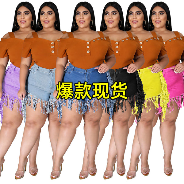 P3778 spot  wholesale European and American broken fringed polished denim shorts large size women's casual straight-leg pants