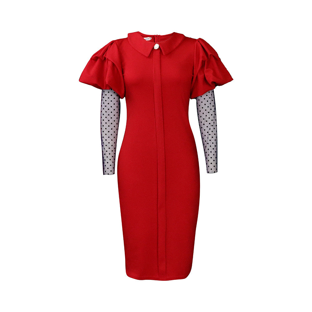 D3165 european and american women's clothing  autumn/winter new mesh patchwork pleated ol elegant commute plus size foreign trade dress