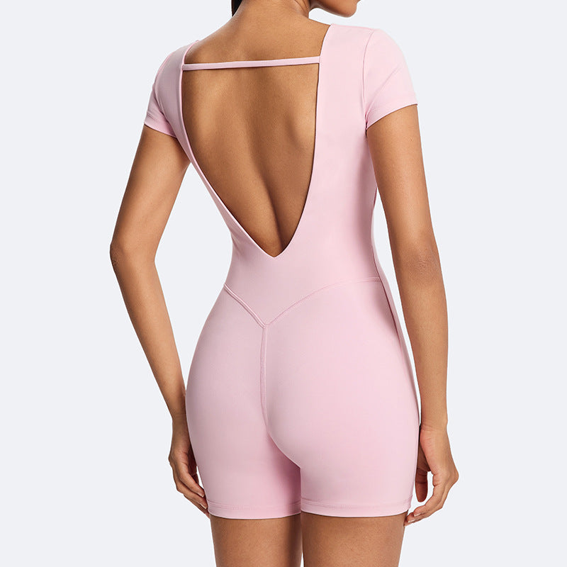 Solid color slim-fit short sleeve bodysuit - activewear for fitness, running, and yoga - women's summer lightweight jumpsuit