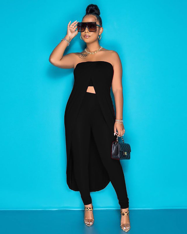 European and american export women's clothing  summer sexy hot girl fashion crop top one-shoulder solid color two-piece pants set