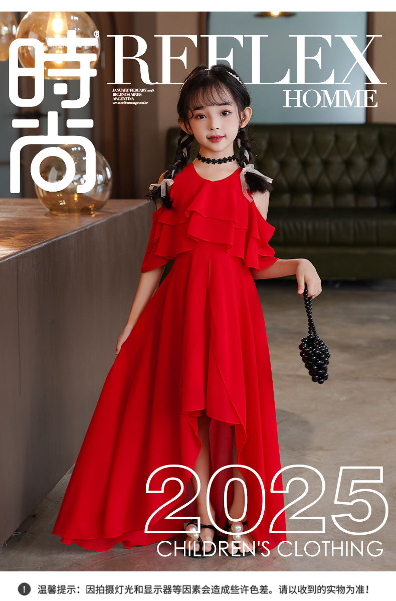 Girls' summer dress  new style: kids' off-shoulder chic chiffon dress, cool summer princess dress for mid-to-large children