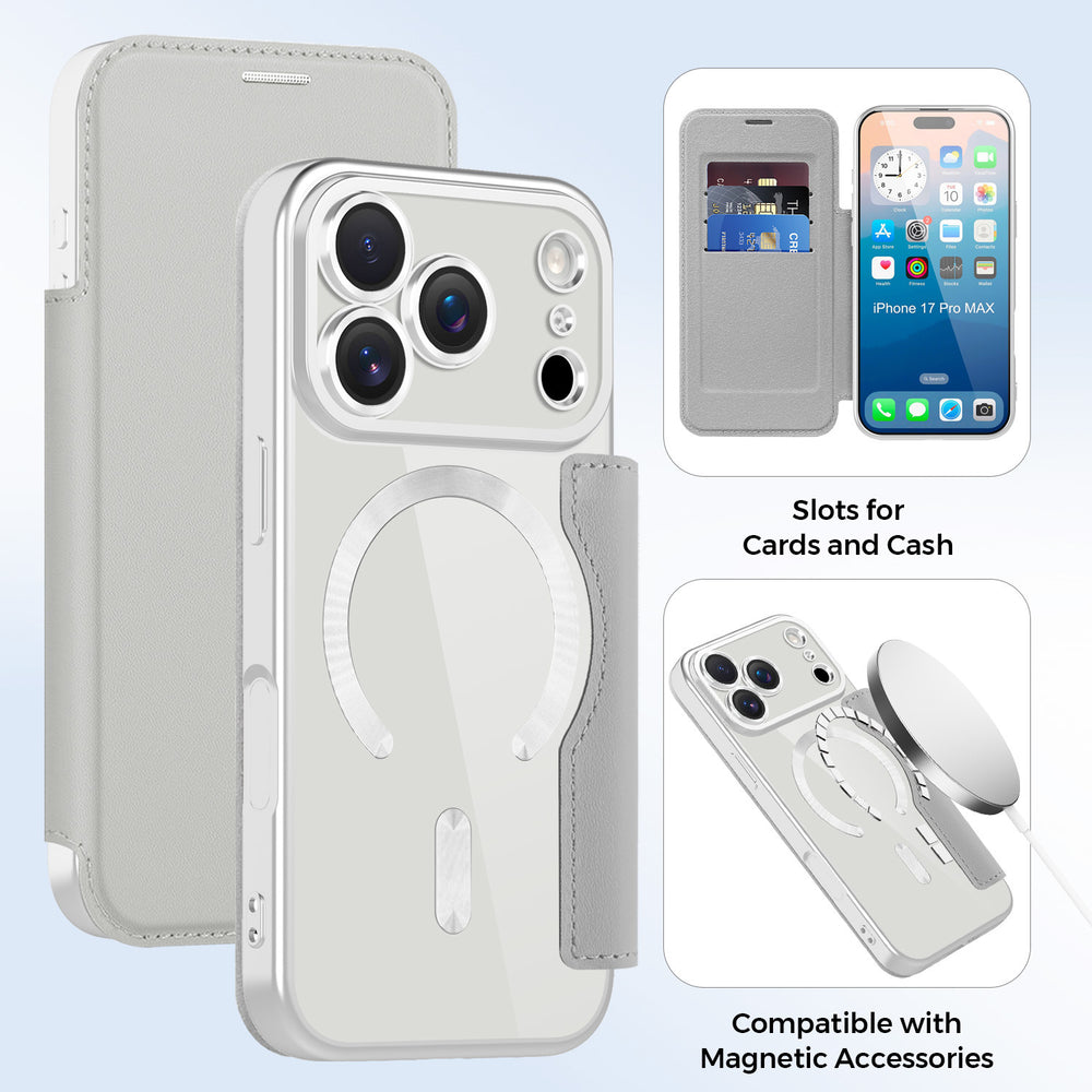 Premium gold shield magnetic leather case for iphone 17 pro max, apple 16 flip cover, full coverage, drop protection