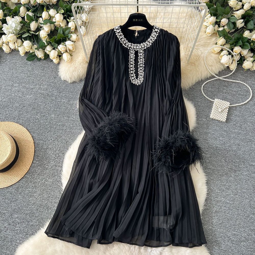 autumn european and american style round neck rhinestone embellished cutout feather trim long sleeve pleated mini dress - relaxed fit