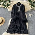 autumn european and american style round neck rhinestone embellished cutout feather trim long sleeve pleated mini dress - relaxed fit