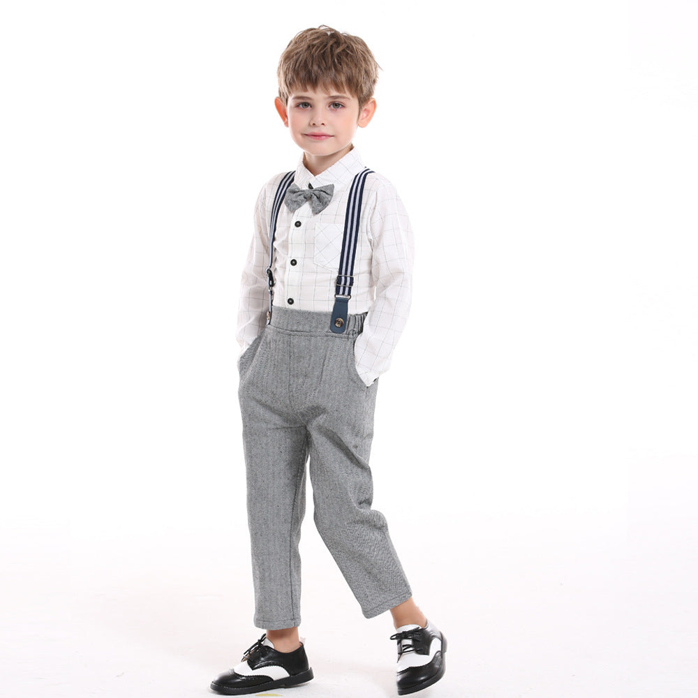 Top and top spring autumk-style boyssuitlong sleevesplaidshirtoverallsnew arrivalwholesale