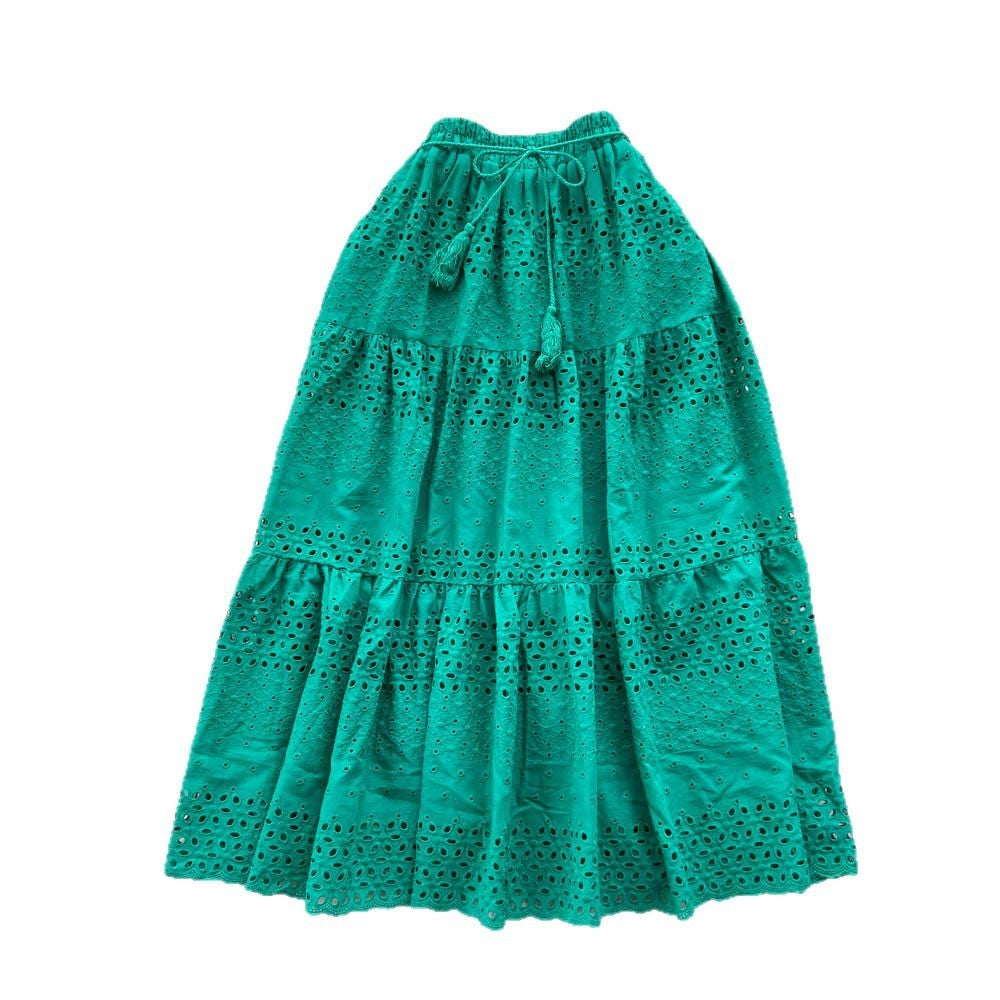 Elegant hollow-out lace embroidered crochet midi skirt - women's tie-waist high-waisted slimming sweet versatile vacation style fairy skirt