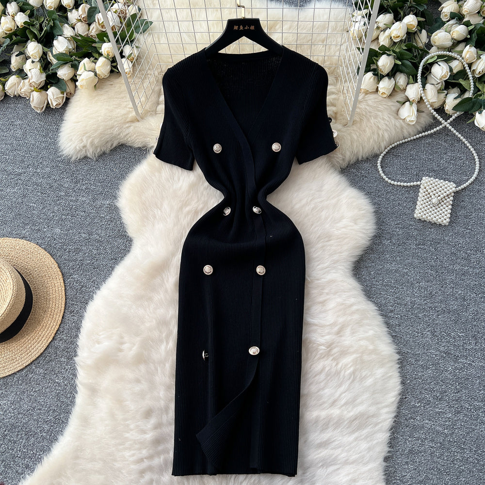 Elegant chanel-inspired v-neck short-sleeve double-breasted bodycon knit dress - women's summer slim-fit midi dress