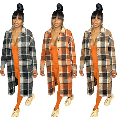 S390225 european and american women's clothing - mid-length casual fashion classic european and american plaid single-breasted woolen coat for women