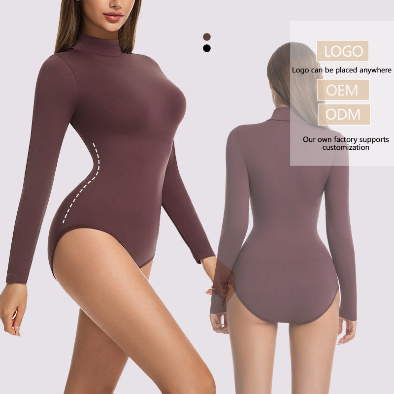 Customized   hot-selling long-sleeved waist sculpting one-piece seamless turtleneck onesie