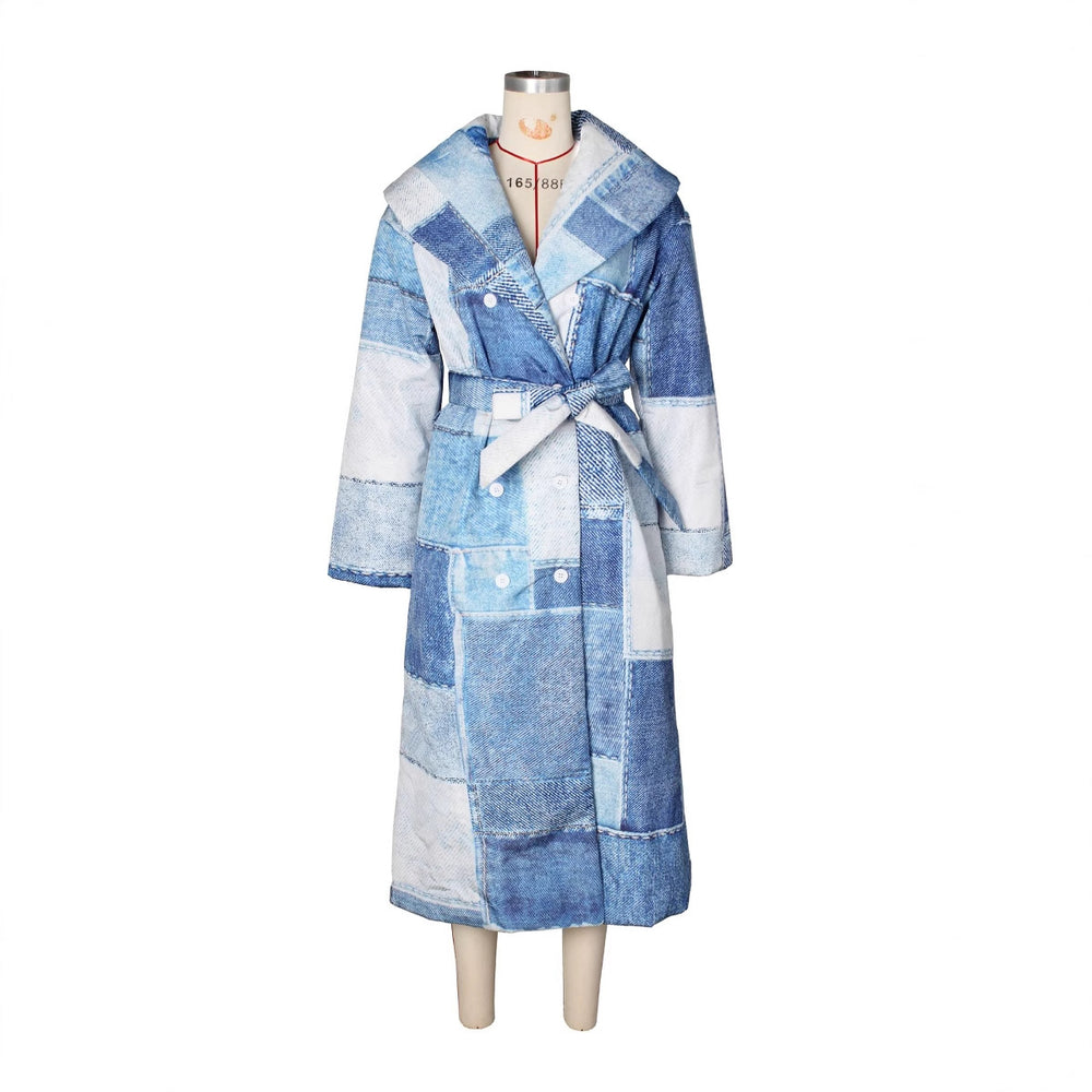 Trendy european and american women's denim patchwork printed double-breasted tie-front long cotton coat