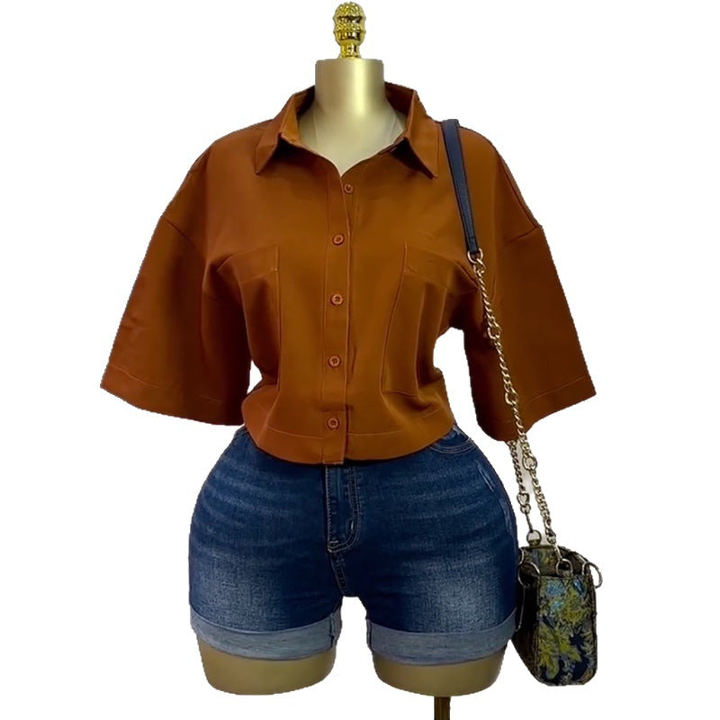 European and american cross-border women's fashion:  autumn new arrivals - stylish and chic polo shirt, solid color five-sleeve cropped blouse