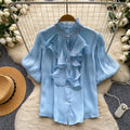 French-style diamond-embellished ruffle trim short-sleeve blouse - women's summer loose fit versatile designer top with a touch of luxury