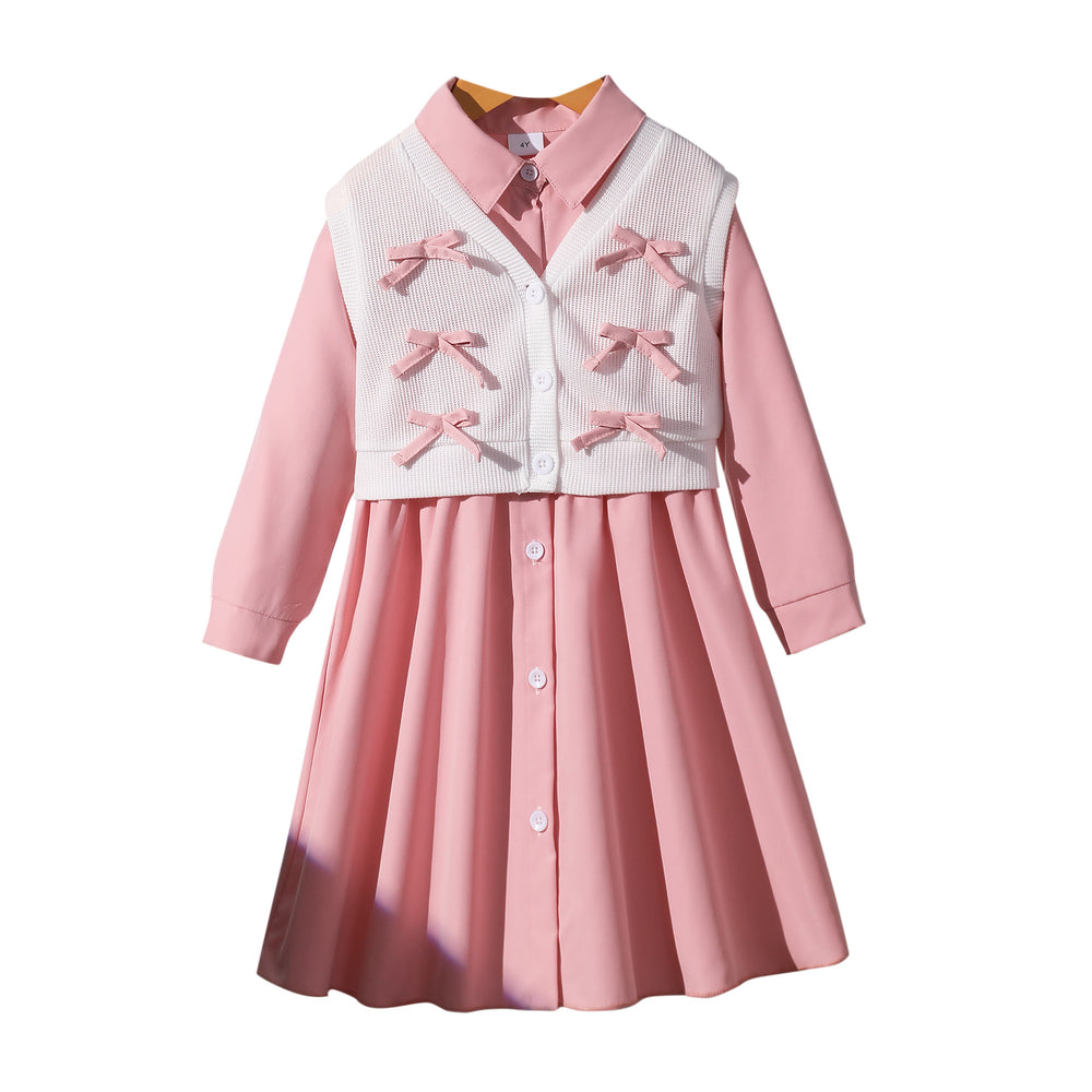 Girls' two-piece set: pink shirt dress + bow-embellished vest