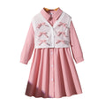 Girls' two-piece set: pink shirt dress + bow-embellished vest