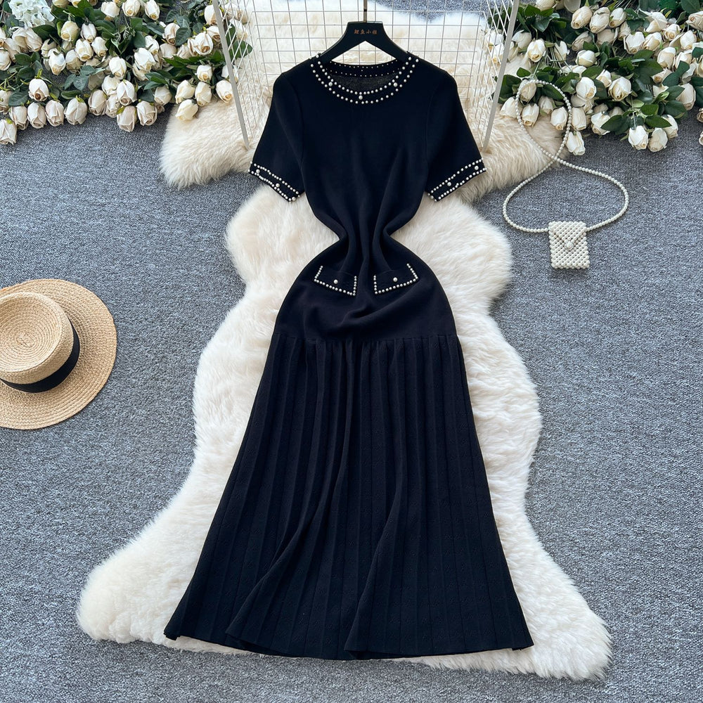 French chic beaded crew neck short sleeve knit dress - women's slimming, figure-flattering, and elegant inner layer sweater dress
