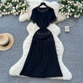 French chic beaded crew neck short sleeve knit dress - women's slimming, figure-flattering, and elegant inner layer sweater dress