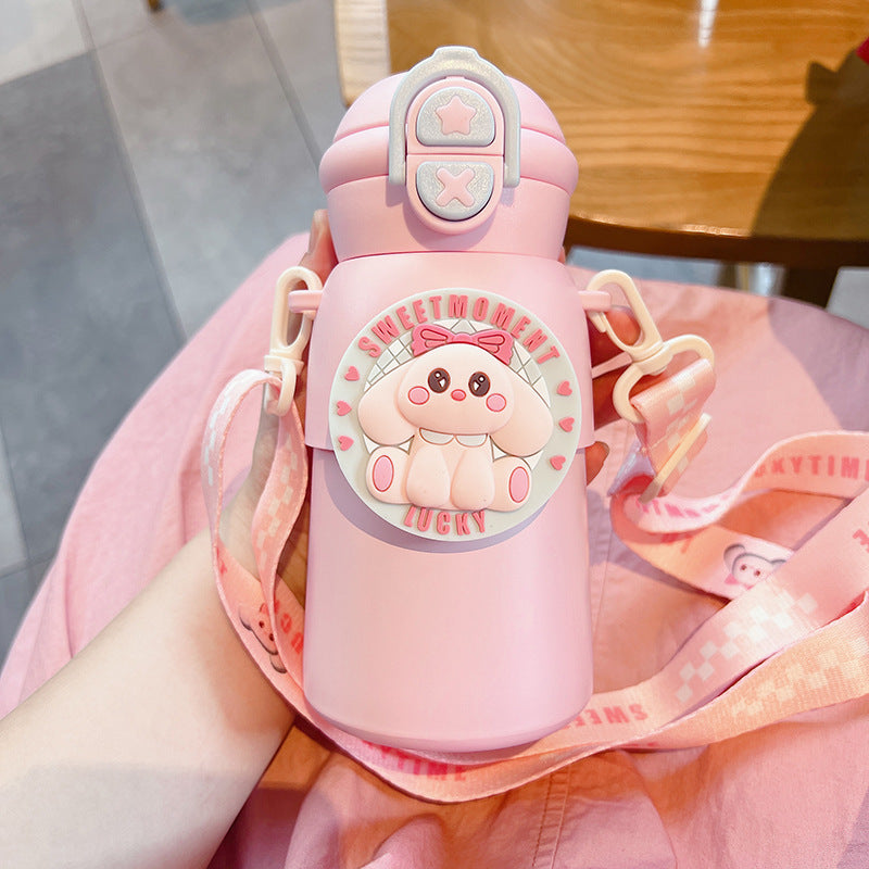 High-value 316 stainless steel food-grade cute cartoon double-drink straw water bottle gift for kids (plush toy design)