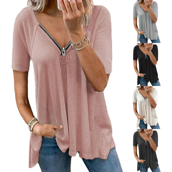 2025  summer new European and American large-size women's casual T-shirt solid color V-neck zipper loose short-sleeved top