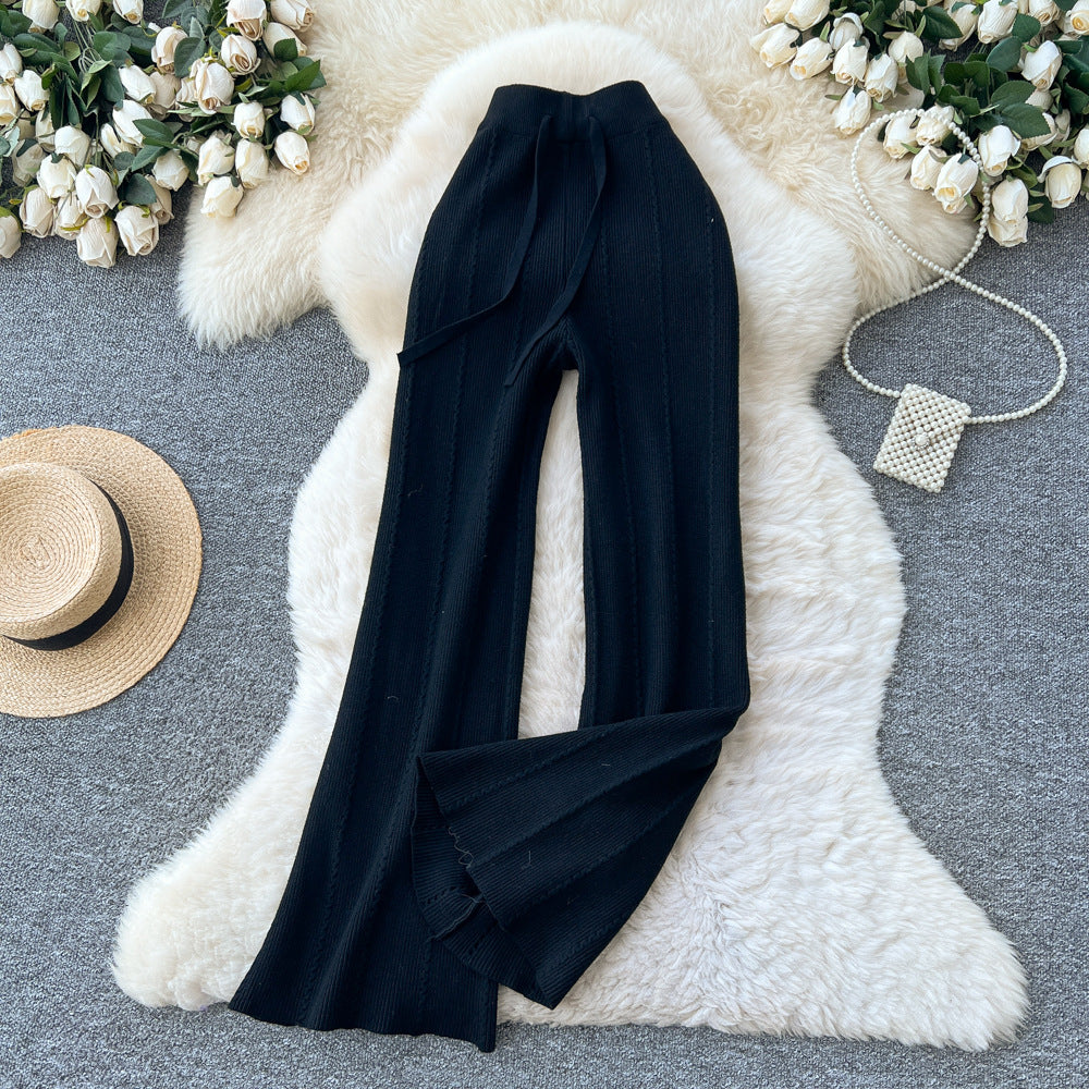 Soft and waxy knitting pants 2025fall and winter lazy style casual elastic waist elastic high waistslimming lookmopstraight-legpants