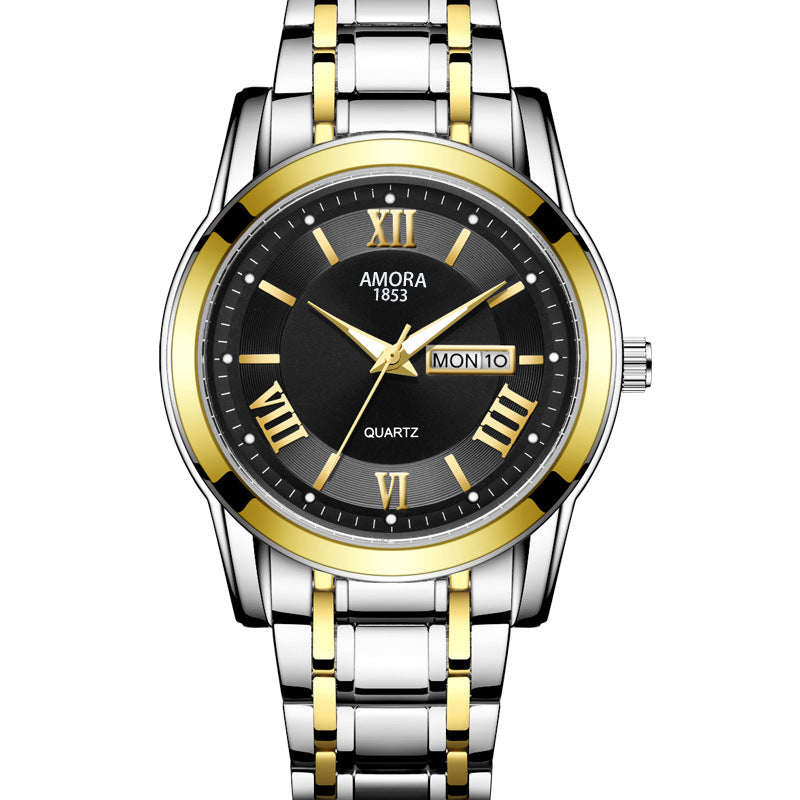 Business gold classic roman style watch stainless steel dual calendar non-mechanical waterproof quartz men's wristwatch - custom logo available
