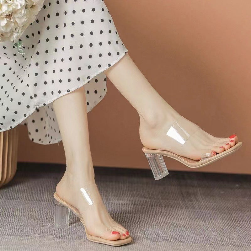 Plus size clear heel sandals for women - 2024 summer new arrival: single strap high heel slides, crystal heel chunky heel sandals