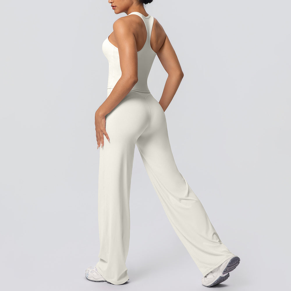 fashion brushed pure color tight i-shaped back sports suit running fitness yoga wear wide-leg two-piece set