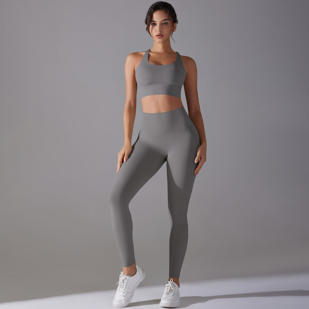 European and american nude feel tight yoga suit cross back quick-drying sportswear high waist hip lifting running fitness suit